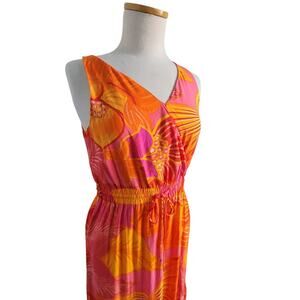 Rachel Zoe Tropical Print Butterfly Orange Pink Maxi Dress SM Vacaycore Boho